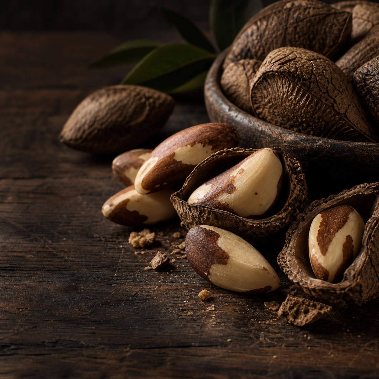 Brazil nuts with shells and kernels on dark wood