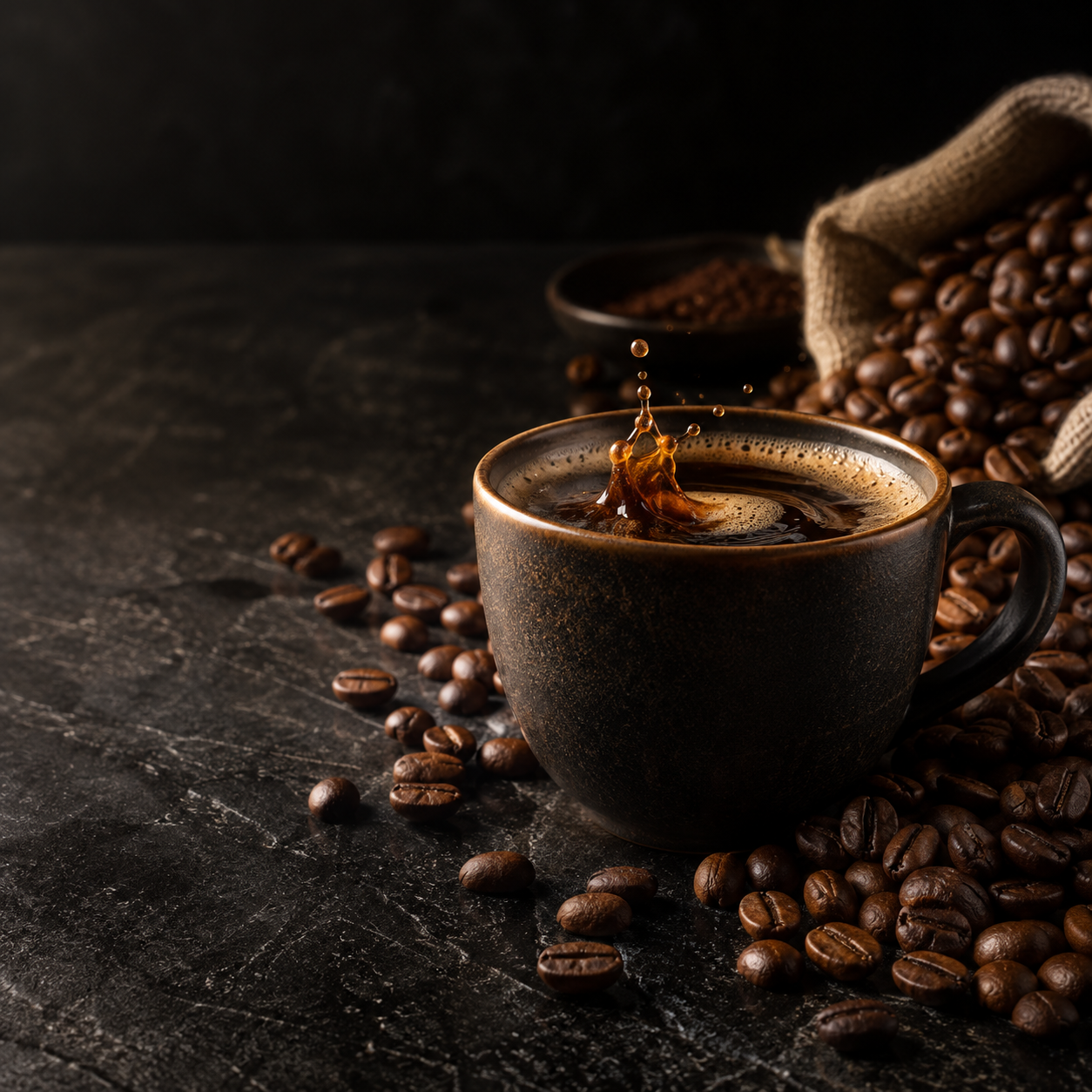 Coffee cup with roasted beans in dramatic light