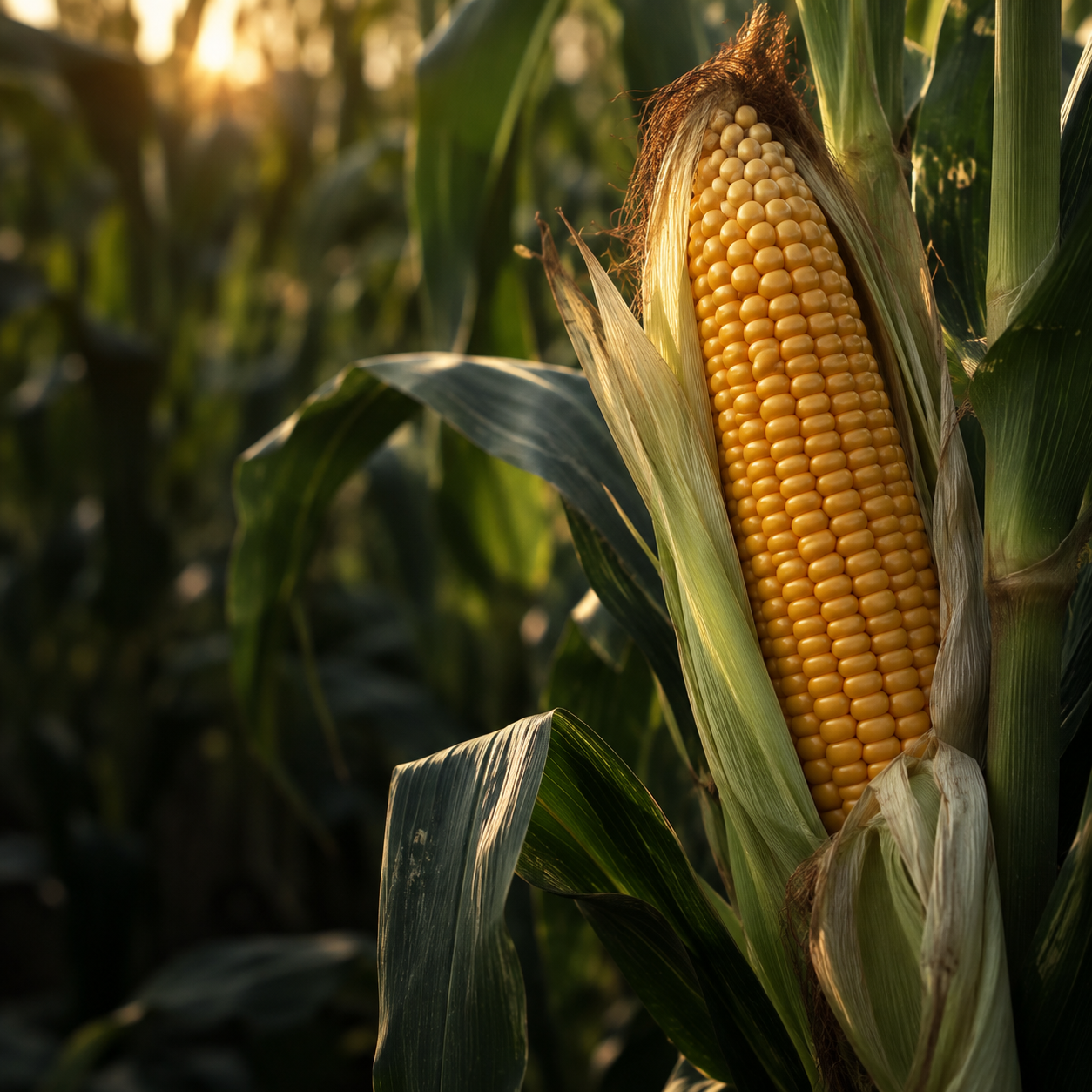 Ripe corn cob in a green field at golden hour