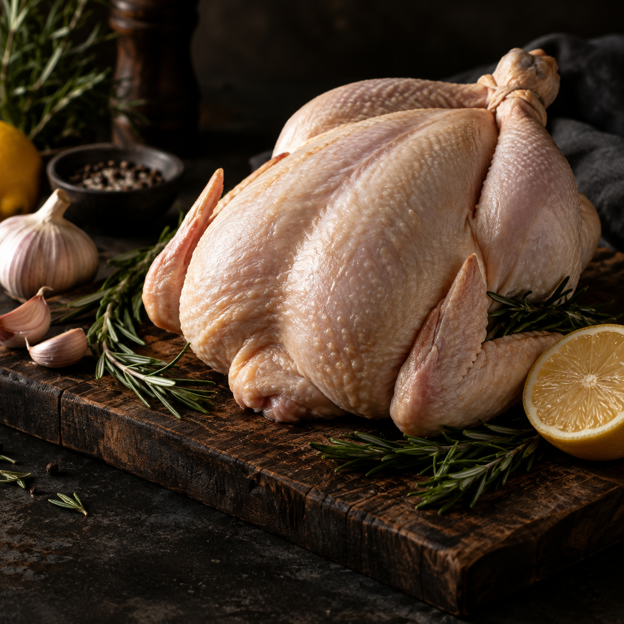 Whole poultry product with herbs and lemon on a dark board