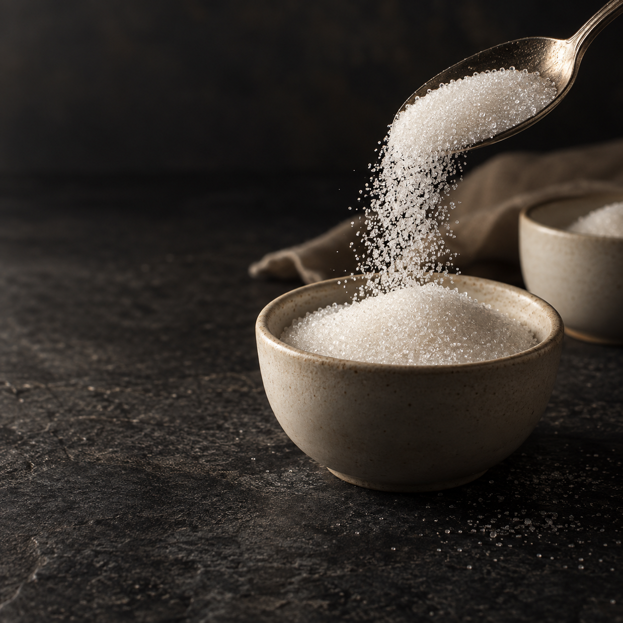White sugar being poured into a ceramic cup